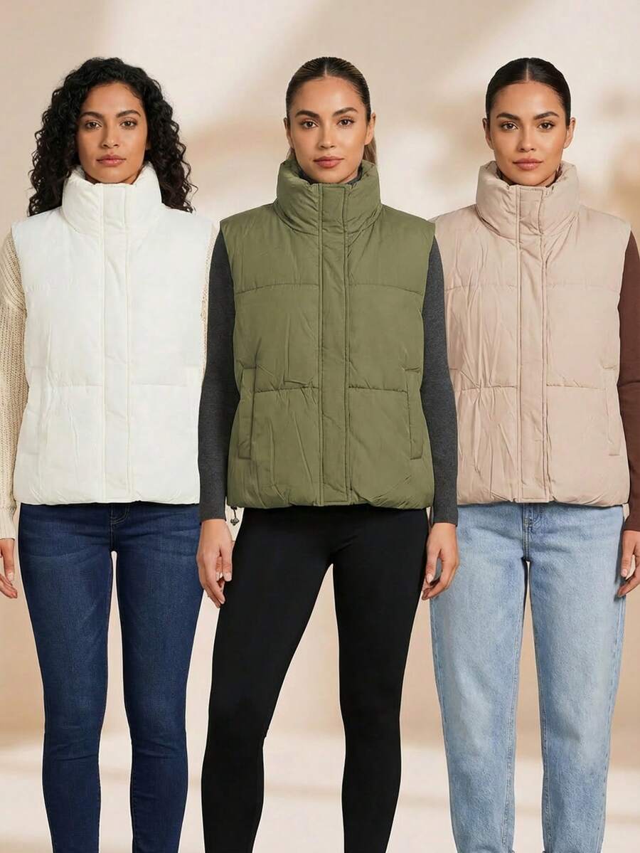 Mujer chaleco casual acolchado ligero diseño sólido bolsillos grandes tela térmica holgado cuello alto sin mangas otoño invierno uso diario chaleco - Multicolor - Ver 1