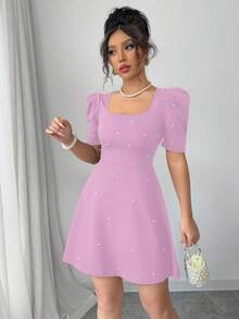 Elenzga Women's Square Neck Gigot Sleeve Beaded Mini Dress - Mauve Purple - View 5