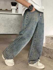 SHEIN Jeans holgados con bolsillos sesgados desgastados para niño preadolescente de uso diario informal - Azul lavado oscuro - Ver 4