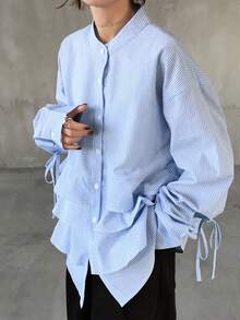 FRIFUL 女士休闲条纹荷叶边下摆衬衫，秋季长袖 - 藍色 - 查看 4