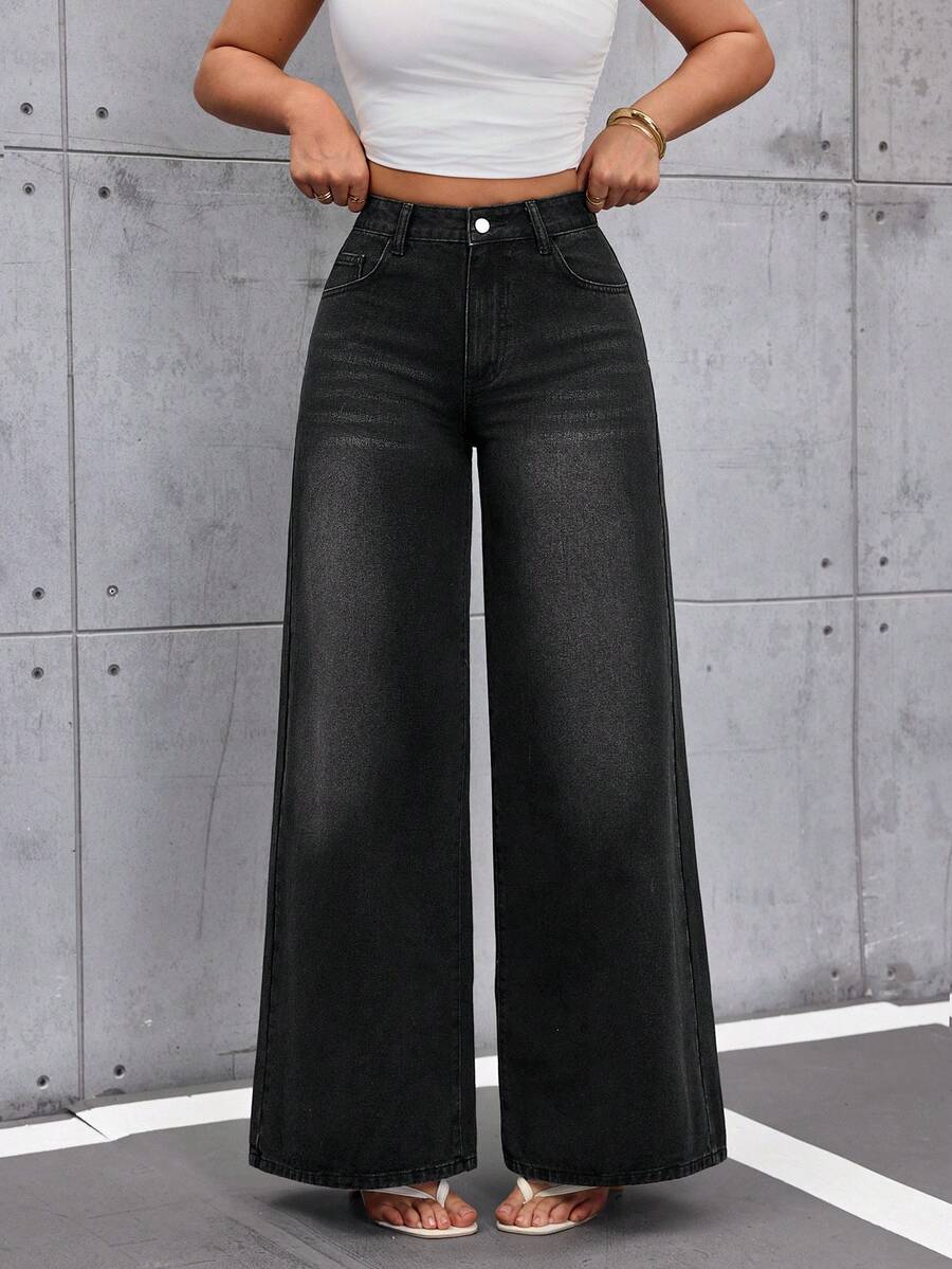 SHEIN Tall Women's Fashion Wide Leg Pockets Denim Jeans - Black - View 1