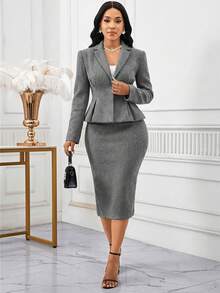 SHEIN Lady 女士优雅通勤束腰外套和裙子套装 - 灰色 - 查看 7