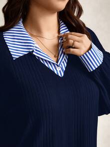 Zelara 大码女式撞色条纹衬衫领二合一上衣 感恩节女装 新年 冬季狂欢 - 寶藍色 - 查看 6