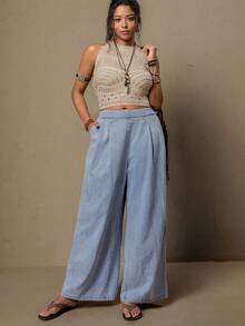 SHEIN VCAY Große Größen Lässig gestreifte Weite Hose - Babyblau - Übersicht 2