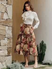 Anewsta 女士优雅高腰A字喇叭裙，复古艺术油画花卉图案，复古宫廷风，春夏款 - 彩色 - 查看 5