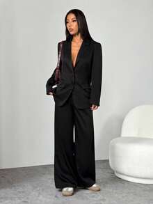 SHEIN PETITE Bộ vest quần dài tay rộng rãi họa tiết màu đen tối giản dành cho nữ trẻ, trang phục công sở thường ngày cơ bản - màu đen - Xem 9