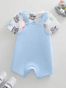 TOM & JERRY X SHEIN Baby Boy Casual Everyday Commute Cute Cartoon Letter Graphic Short Sleeve T-Shirt And Overalls Set, Summer - Blue - View 2