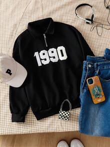 少女休闲街头风刺绣字母“1990”复古红色文字街头服饰Polo衫 - 黑色 - 查看 7