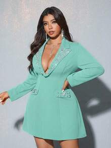 Viva Relle 大码女士优雅休闲商务派对连衣裙，饰有珍珠，珍珠点缀（随机） - 綠色 - 查看 6