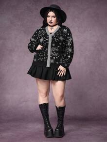 ROMWE Goth Áo khoác cardigan dệt kim Jacquard hình ngôi sao và mặt trăng bí ẩn dành cho phụ nữ ngoại cỡ, màu xám - Xám - Xem 7