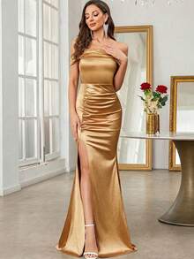 Glamine Off Shoulder Ruched Split Thigh Satin Bridesmaid Dress White Elegant Formal Evening Prom Wedding Guest Gown, For Graduation, Dinner For Holiday Party Clothes - Gold - View 3