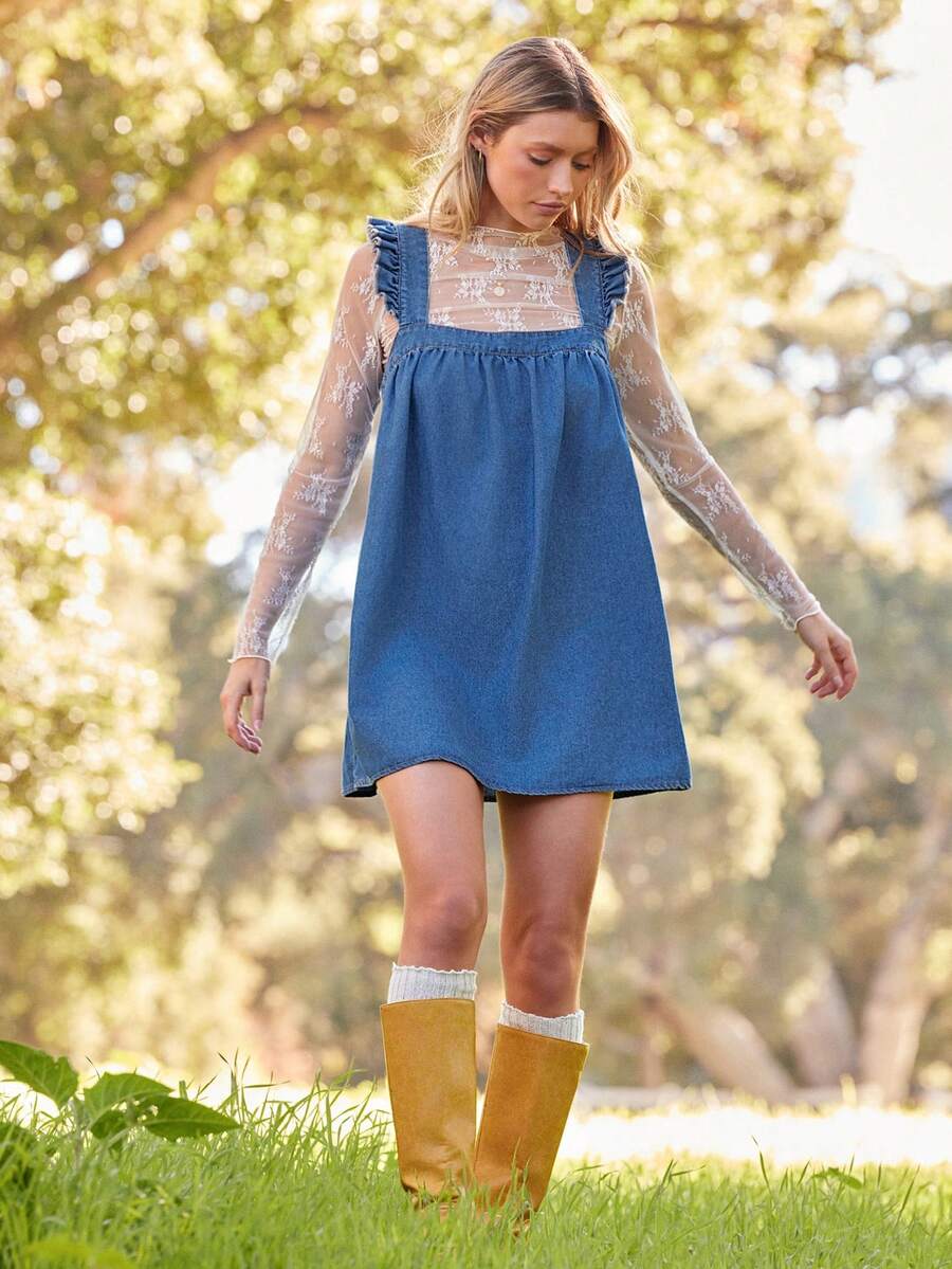 WESTFADE Square Neck Ruffle Flutter Sleeve Bow Tie Back Loose Fit Chambray Denim Mini Dress Winter, Spring, Resort, Casual, Cute, Boho, Cowgirl, Western Wear For Women, Nashville