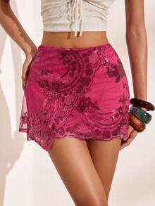 Femesol Chân váy ngắn đính sequin lấp lánh, vạt bất đối xứng dành cho nữ, hàng mới về mùa xuân/hè, phong cách Y2K cho kỳ nghỉ, tiệc tùng, Valentine, kỳ nghỉ hè, chân váy sequin màu hồng. - Màu Hồng Tươi - Xem 5