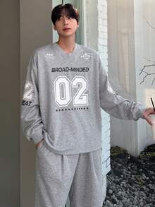 DAZY 男士宽松字母印花V领T恤套装，春夏款 - 灰色 - 查看 4