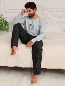 DAZY Áo phông in chữ màu xám phối cùng bộ đồ mặc nhà dành cho nam, mùa xuân/thu. - Xám - Xem 5