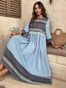 EMERY ROSE 女士几何印花流苏腰身连衣裙，时尚度假之选 - 灰藍色 - 查看 9