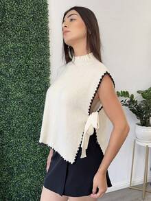 Andrea Bello 秋冬女式撞色立领侧开衩系带针织背心 - 杏色 - 查看 3