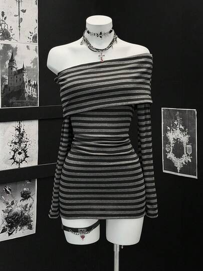 EgrlEra Women's Fashionable Off-Shoulder Striped Midi Dress