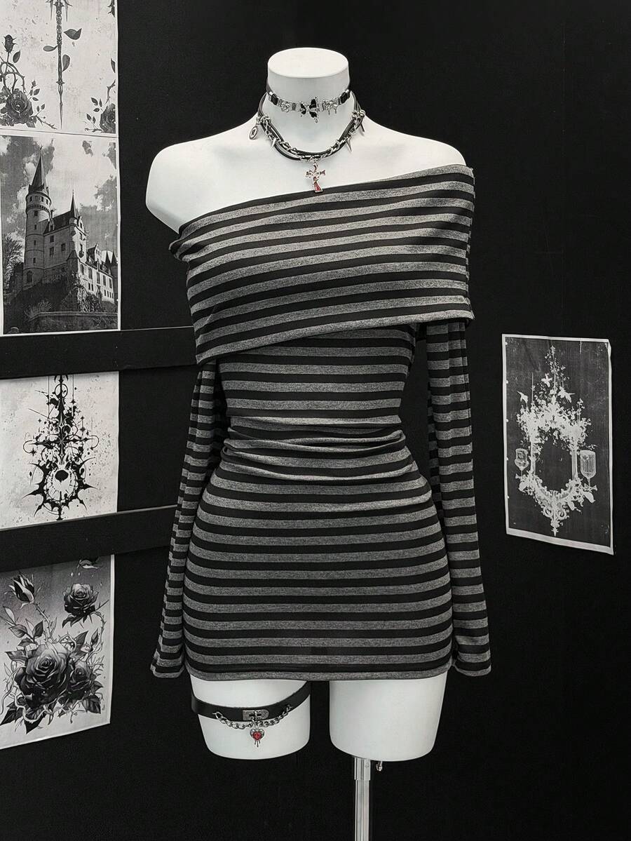 EgrlEra Women's Fashionable Off-Shoulder Striped Midi Dress - Multicolor - View 1