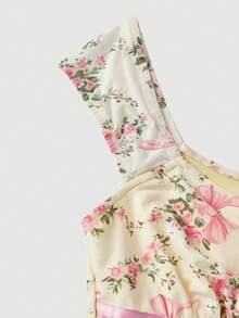 SHEIN MOD Bow Two Pieces Set: Asymmetric Hem Top & Low-Waist Mermaid Skirt – Casual, Cute, And Sweet; Perfect For Vacation, Date, Picnic, Party, Prom, Festival, And Birthday Wear; Romantic And Adorable Summer Skirt Set Floral Set Vacation Outfits Woman Skirt Set Tea Party Outfit Women Feminine Clothes, Valentine's Day, Carnival Costume - Multicolor - View 4