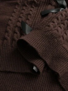Elenzga Suéter de Gola Redonda com Laço para Mulheres Plus Size - Castanho - Visão 7