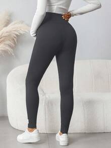 SHEIN Maternity Casual Adjustable Waist Elastic Leggings - Dark Grey - View 2