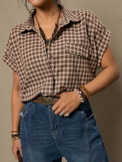 Freevana 夏季大码休闲格子宽松衬衫