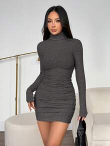 SHEIN PETITE 女款基礎迷你緊身修身刷毛半高領長袖洋裝，純色灰色，秋季休閒夜出門感恩節保暖穿搭，適合嬌小女性 - 深灰色 - 查看 5