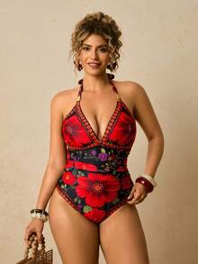 Travachic 大码休闲夏季热带沙滩彩色花卉印花V领性感连体泳衣（女款） - 黑色 - 查看 5