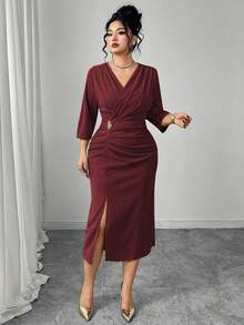 Modelyn Đầm thường ngày thanh lịch dành cho phụ nữ cỡ lớn, kiểu dáng thắt eo. - Màu Đỏ Sâu - Xem 7