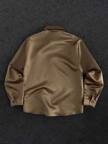 HIMLAND 男士纯色长袖单排扣休闲/商务衬衫 真丝衬衫 男士缎面衬衫 男士金色衬衫 男士棕色纽扣衬衫 - 棕色 - 查看 3