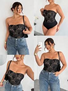 SHEIN Privé Frauen Große Größen Spitze modischer sexy Bandeau Bodysuit - Schwarz - Übersicht 1