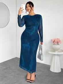 Firerie 大码浪漫扎染褶皱网纱长袖连衣裙，优雅百搭，适合约会、音乐会、演出、正式场合、婚礼季、通勤等各种场合。 - 藍色 - 查看 5