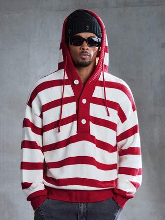 Men's Button Half Placket Drawstring Hooded Striped Contrast Color Retro Sweater
