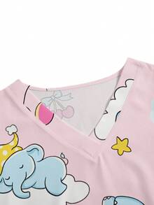 PopScrub Women's Pink V-Neck Short Sleeve Blouse With Dual Pockets, Featuring Cute Animal Elephant, Star, Cherry Cartoon Prints, Floral Prints, Nurse/Doctor Uniform Top, Solid Color Pet Grooming Uniform Top, Nutritionist Scrub Top, Multi-Pocket Functional Work Wear, Functional Women's Holiday Outfit, Adorable, Casual - Pink - View 3