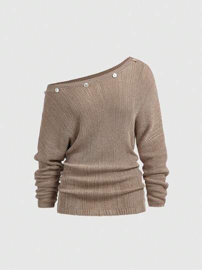 Maglione casual da donna per uso quotidiano e pendolarismo, con colletto asimmetrico, decorazione con bottoni, spalle scoperte, maglia larga, adatto per autunno/inverno