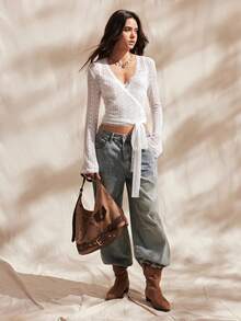 Easelle Elegant White Lace-Up Wrap Blouse (Women's) - Lace-Up Waist-Cinching White Lace V-Neck Top - White - View 4