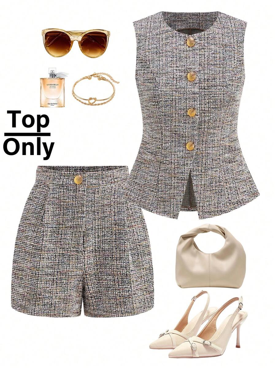 Ellevyn Women's Elegant Commuter Vest & Shorts 2 Pieces Set - Grey - View 1