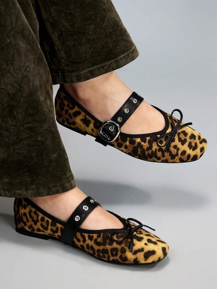 CUCCOO GRLICON Women's Leopard Print Bow Decor Buckle Design Casual Flat Loafers