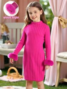 Vestido para niñas, nuevo diseño de unicolor con puños de piel sintética, vestido de punto de pana de manga larga, vestido de cuello alto adecuado para niñas en otoño/invierno, elegante, suave, adecuado para salidas diarias, fiestas, vacaciones de Navidad - Rosa Fucsia - Ver 1