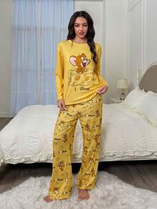 TOM & JERRY X SHEIN 女士卡通图案圆领长袖上衣和裤子睡衣套装，秋冬服装
