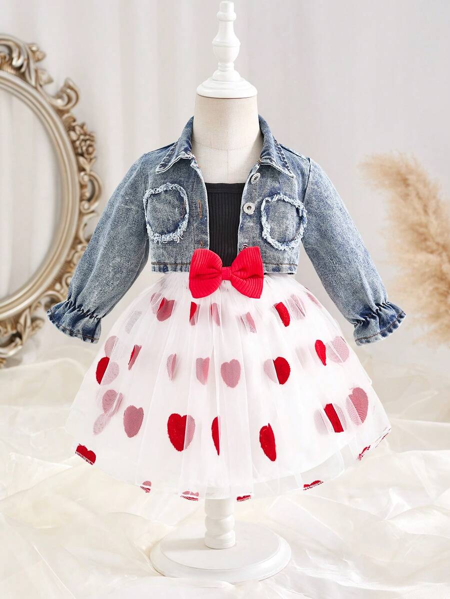 SHEIN Baby Girls' 2 Pieces Outfit, Fashionable & Cute Heart Embroidered Denim Jacket & Matching Piece, Versatile For Spring & Summer - Black - View 1