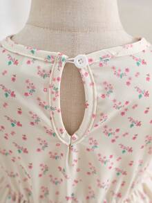 SHEIN 1pc /Baby Girl's Spring/Summer Vacation Style Outfit Bubble Short-Sleeved Pink Floral Print All-Over Apricot Woven Dress - Apricot - View 5