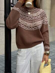 DAZY Áo len dệt kim Jacquard cổ tròn, dáng rộng mềm mại, phong cách retro thoải mái - Màu Khaki - Xem 5