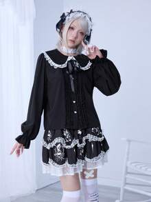 ROMWE EDITION 女士时尚甜美蕾丝边彼得潘领衬衫 - 黑色 - 查看 8