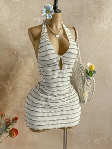 Soleia 春夏新款休闲度假西部海滩婚礼宾客礼服毕业早午餐连衣裙，优雅波西米亚热带风情，情人节蕾丝无肩带露背蝴蝶结迷你连衣裙 - 黑與白 - 查看 4