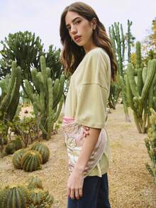Nöista Women's Pale Yellow Summer Oversized Cotton T-Shirt,Short Sleeves Crew Neck Soft Lightweight Relaxed Loose Fit,Casual Vacation Holiday Fashion Top - Green - View 3