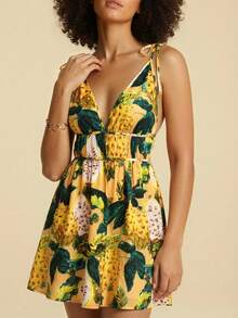 CAJUNI Váy không tay cổ chữ V sâu in họa tiết toàn bộ phía trước cho kỳ nghỉ thường ngày - Màu vàng - Xem 1