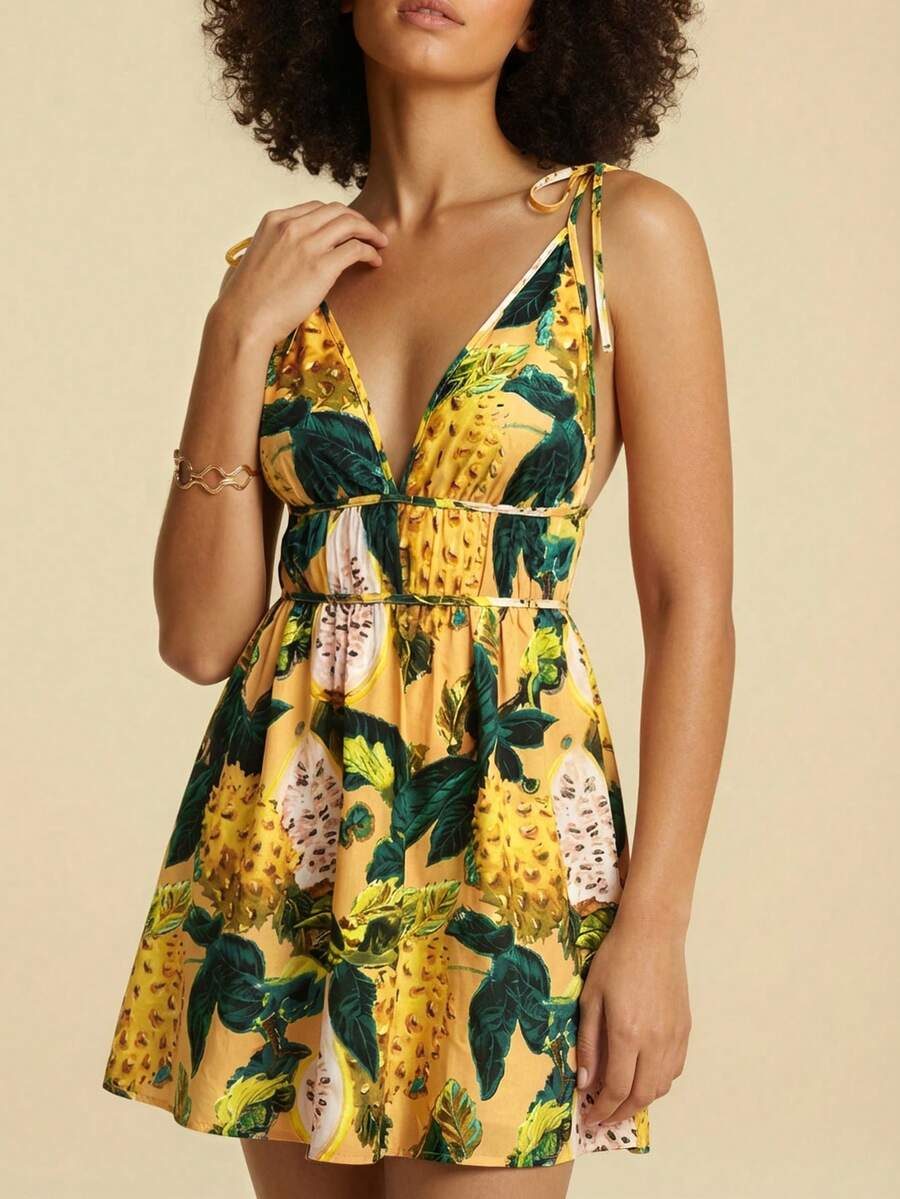 CAJUNI Váy không tay cổ chữ V sâu in họa tiết toàn bộ phía trước cho kỳ nghỉ thường ngày - Màu vàng - Xem 1