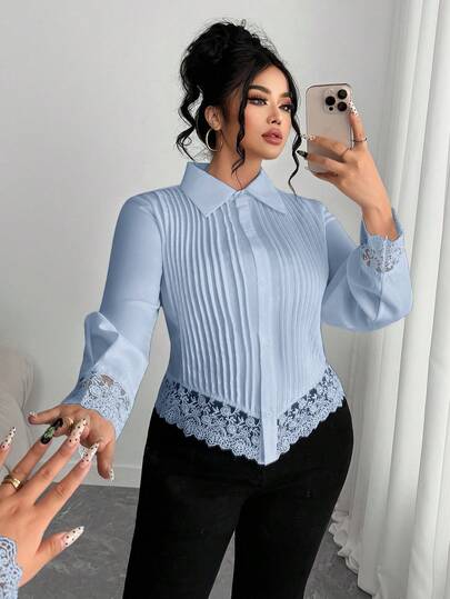 Elenzga بلوزة أنيقة بألوان سادة مع تطريز دانتيل للمقاسات الكبيرة